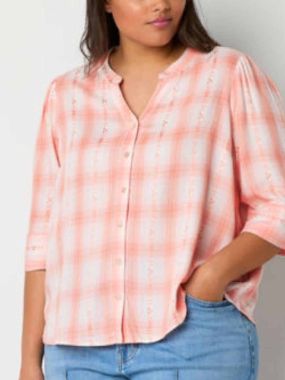 Frye & Co Plaid Button-Down Blouse – Coral Pink – Size 1X